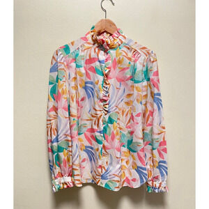 Vintage Pykettes Women Top Large Floral Ruffle Button Up High Neck Secretary 80s